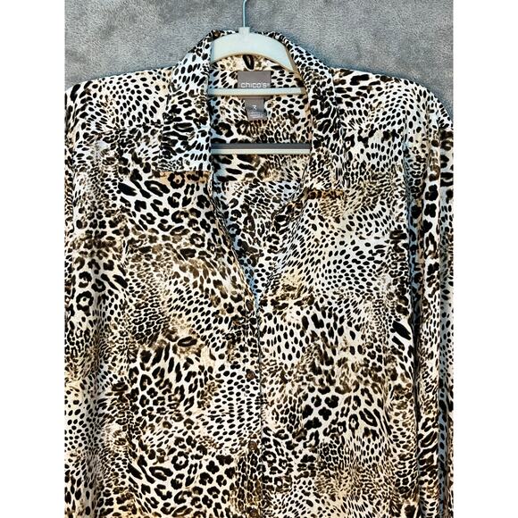 Chico's Button Down Blouse Large Animal Print Academia Mob Wife Boho - Picture 2 of 6